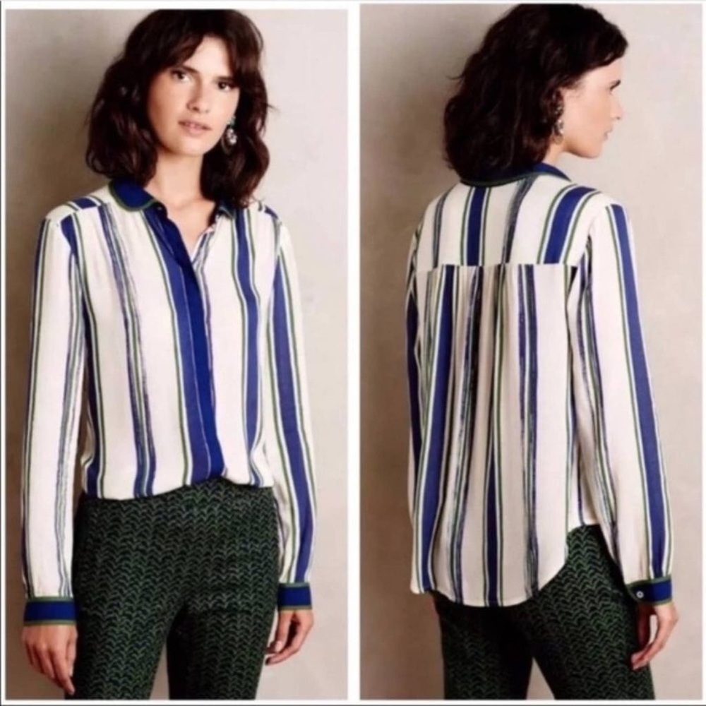 Maeve Green & Blue Button Front Long Sleeve Collared Blouse